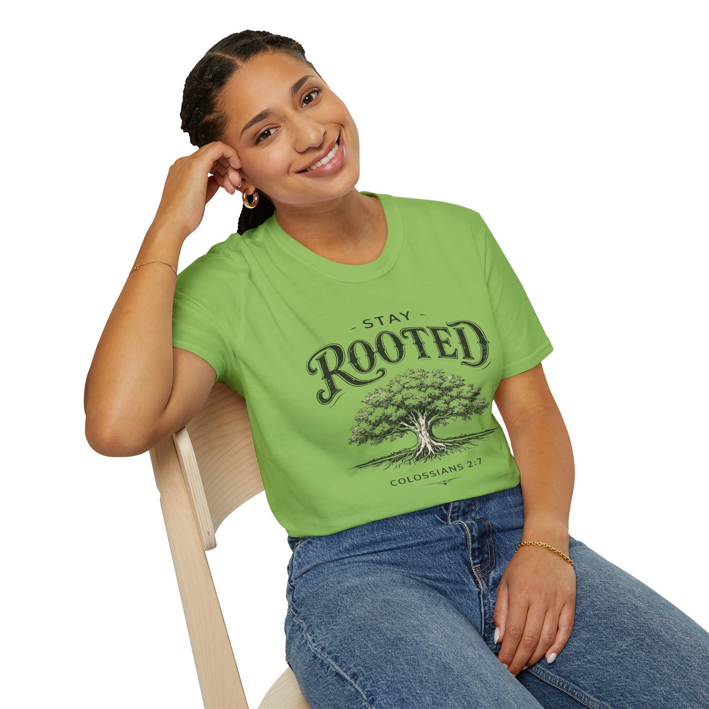 Stay Rooted Tree T-Shirt — Colossians 2:7 Scripture Tee
