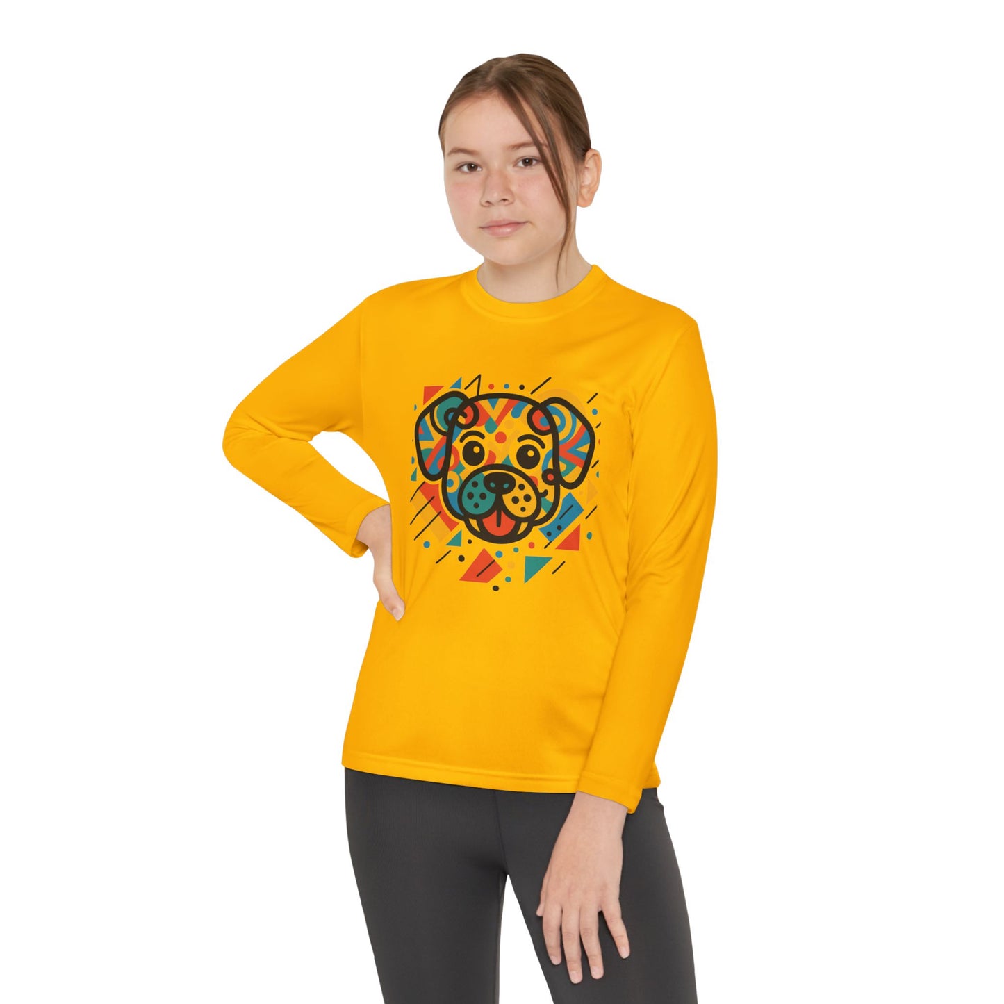 Youth Long Sleeve Tee - Colorful Geometric Dog Design