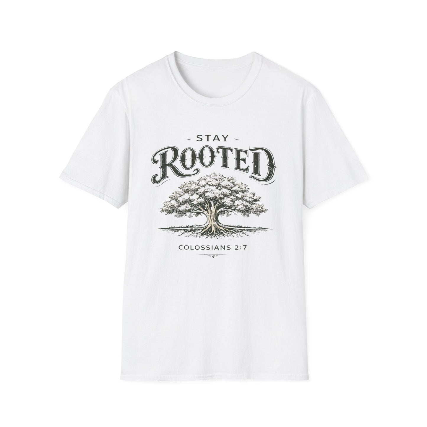 Stay Rooted Tree T-Shirt — Colossians 2:7 Scripture Tee