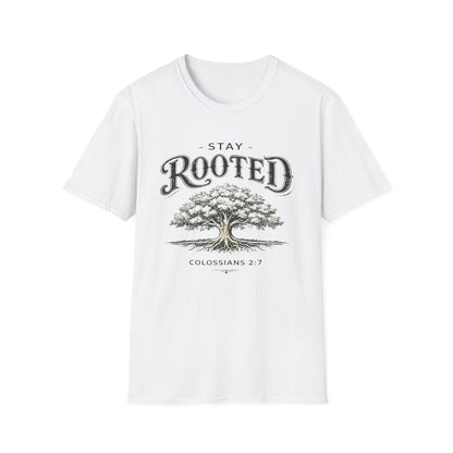 Stay Rooted Tree T-Shirt — Colossians 2:7 Scripture Tee