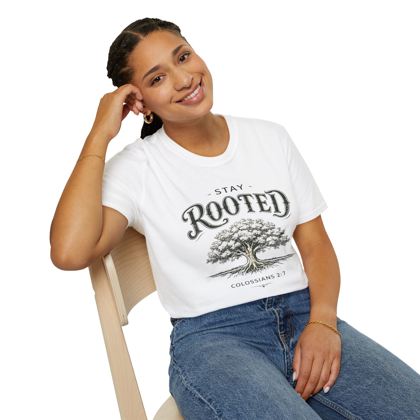 Stay Rooted Tree T-Shirt — Colossians 2:7 Scripture Tee
