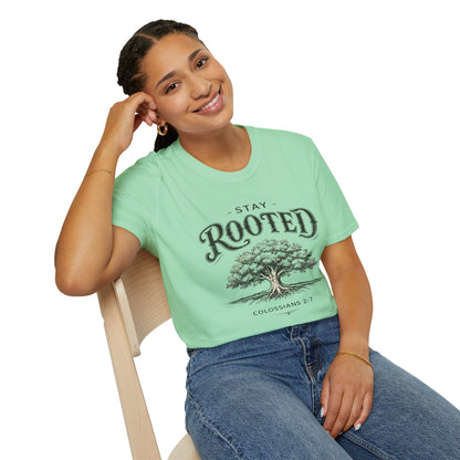 Stay Rooted Tree T-Shirt — Colossians 2:7 Scripture Tee