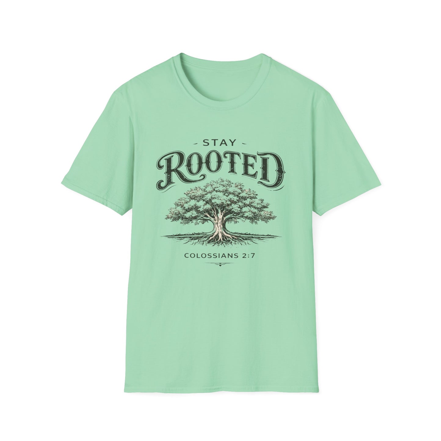 Stay Rooted Tree T-Shirt — Colossians 2:7 Scripture Tee