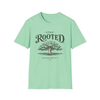 Stay Rooted Tree T-Shirt — Colossians 2:7 Scripture Tee
