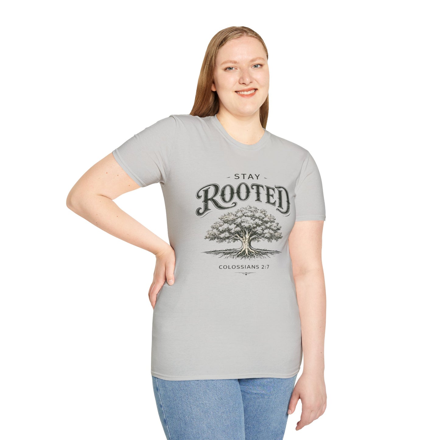 Stay Rooted Tree T-Shirt — Colossians 2:7 Scripture Tee