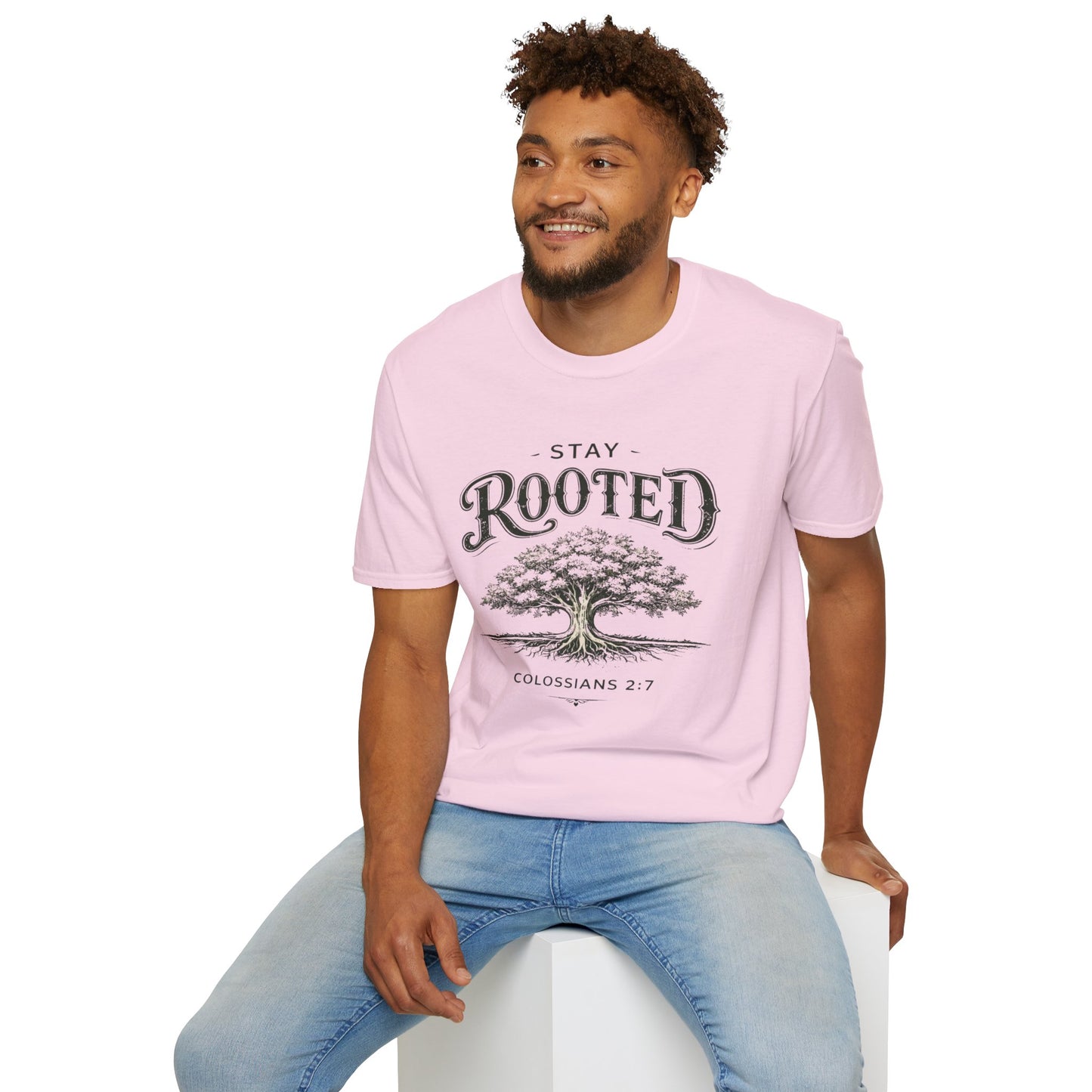 Stay Rooted Tree T-Shirt — Colossians 2:7 Scripture Tee
