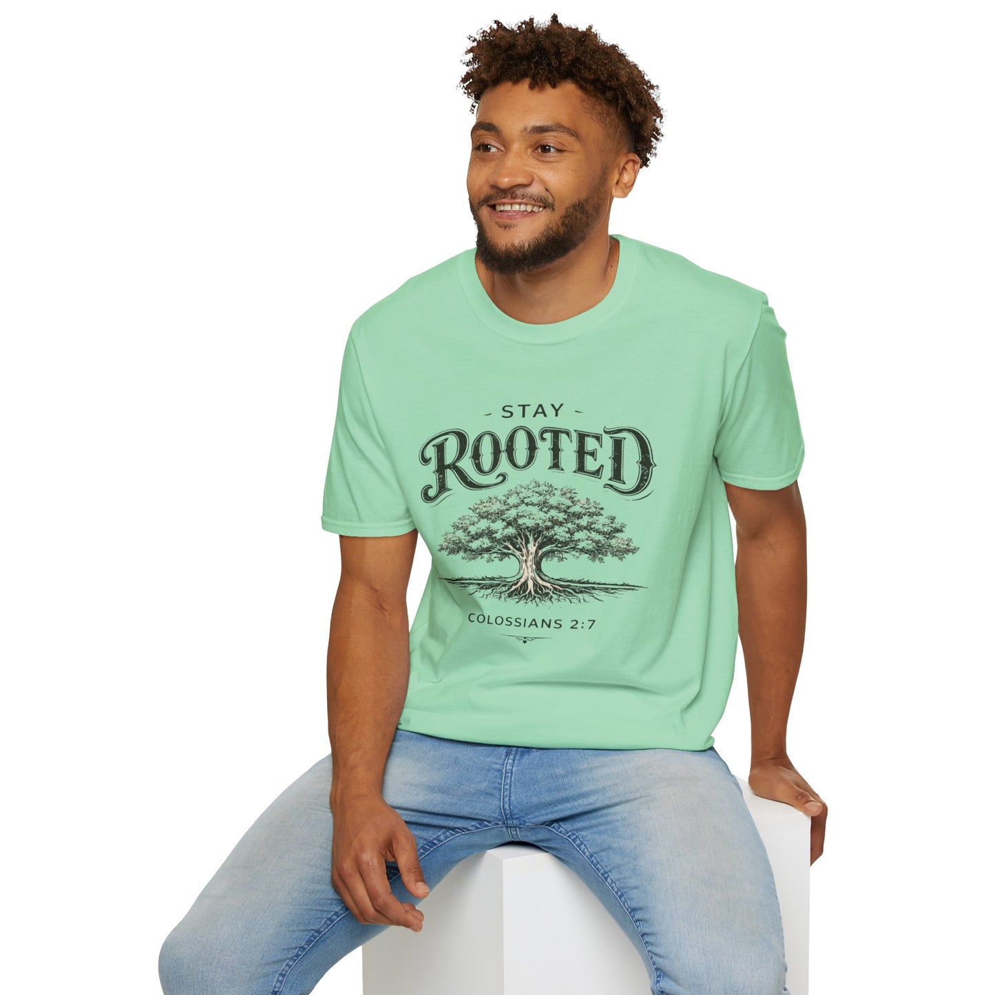 Stay Rooted Tree T-Shirt — Colossians 2:7 Scripture Tee