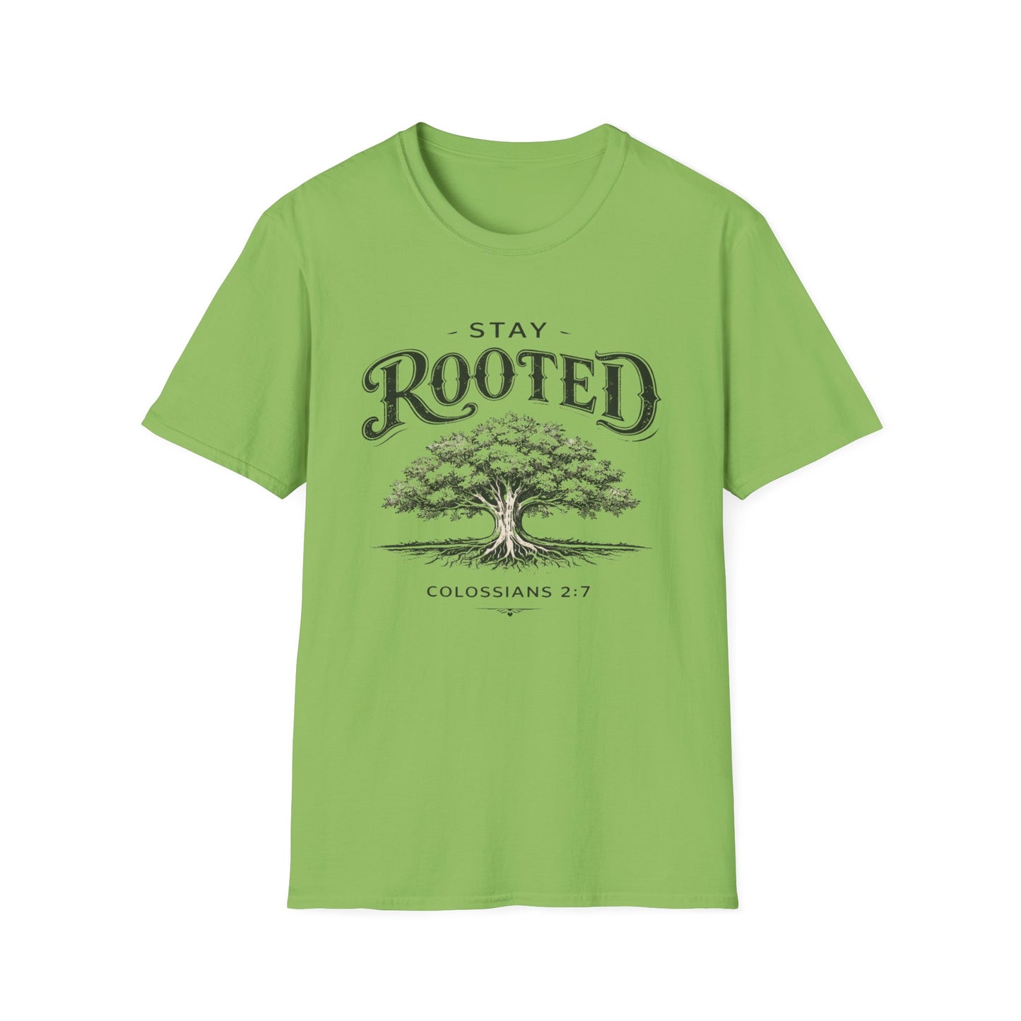 Stay Rooted Tree T-Shirt — Colossians 2:7 Scripture Tee