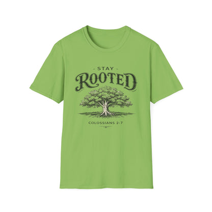 Stay Rooted Tree T-Shirt — Colossians 2:7 Scripture Tee