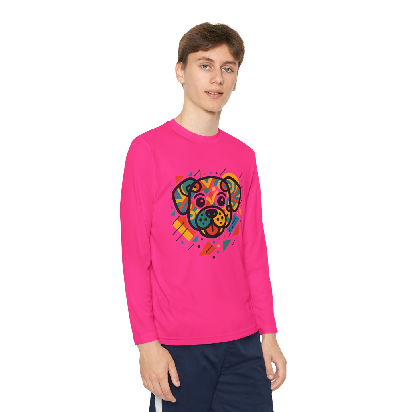 Youth Long Sleeve Tee - Colorful Geometric Dog Design