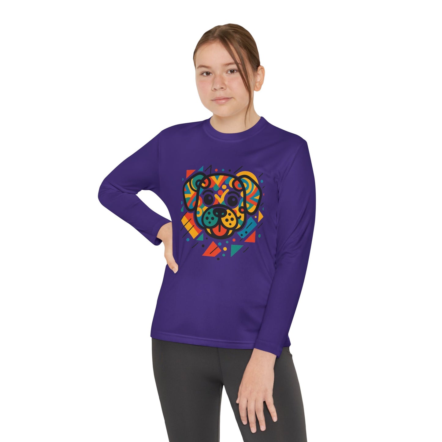 Youth Long Sleeve Tee - Colorful Geometric Dog Design