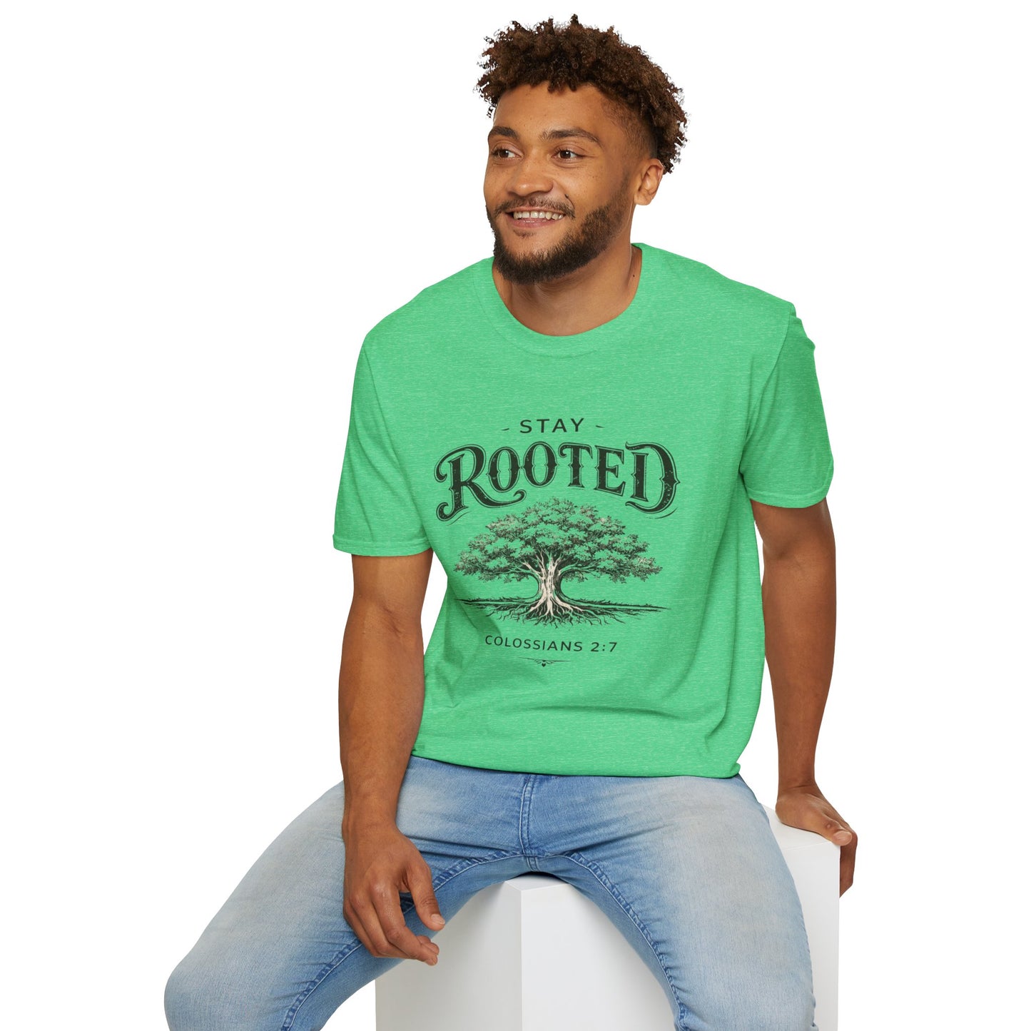 Stay Rooted Tree T-Shirt — Colossians 2:7 Scripture Tee