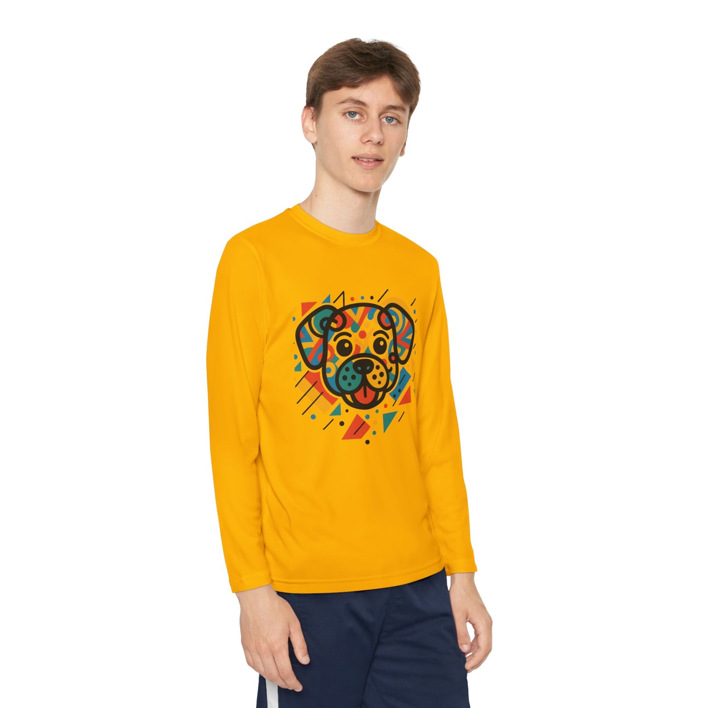 Youth Long Sleeve Tee - Colorful Geometric Dog Design