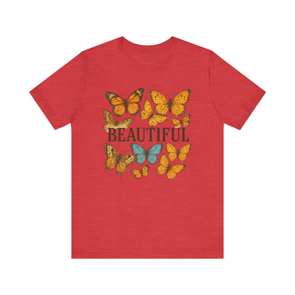 T-Shirt - 'BEAUTIFUL' Yellow Butterfly Design Short Sleeve Tee