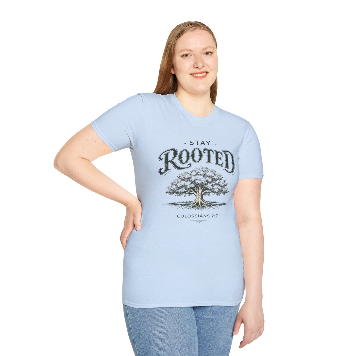 Stay Rooted Tree T-Shirt — Colossians 2:7 Scripture Tee