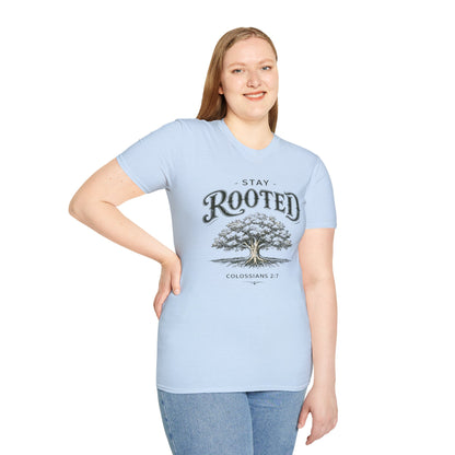 Stay Rooted Tree T-Shirt — Colossians 2:7 Scripture Tee