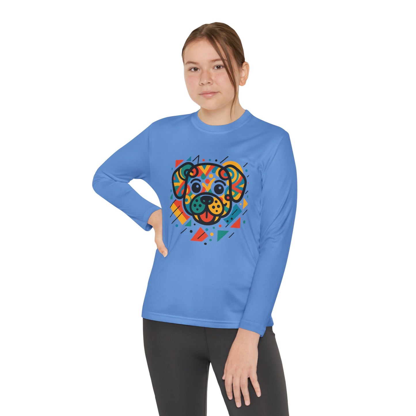 Youth Long Sleeve Tee - Colorful Geometric Dog Design