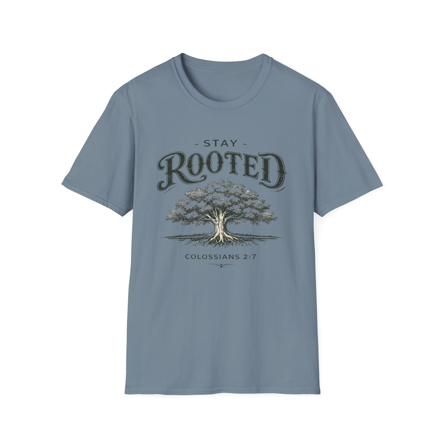 Stay Rooted Tree T-Shirt — Colossians 2:7 Scripture Tee