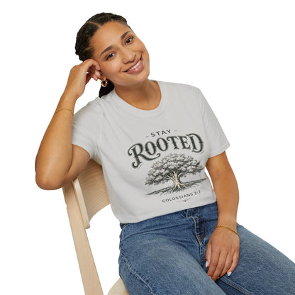 Stay Rooted Tree T-Shirt — Colossians 2:7 Scripture Tee