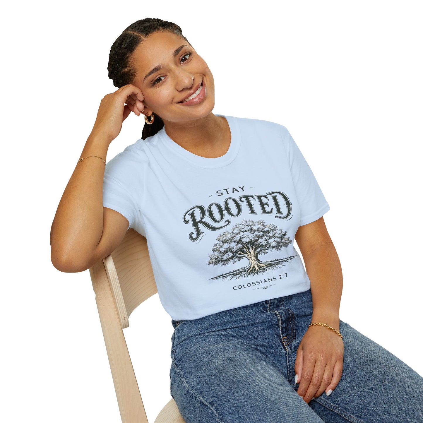 Stay Rooted Tree T-Shirt — Colossians 2:7 Scripture Tee