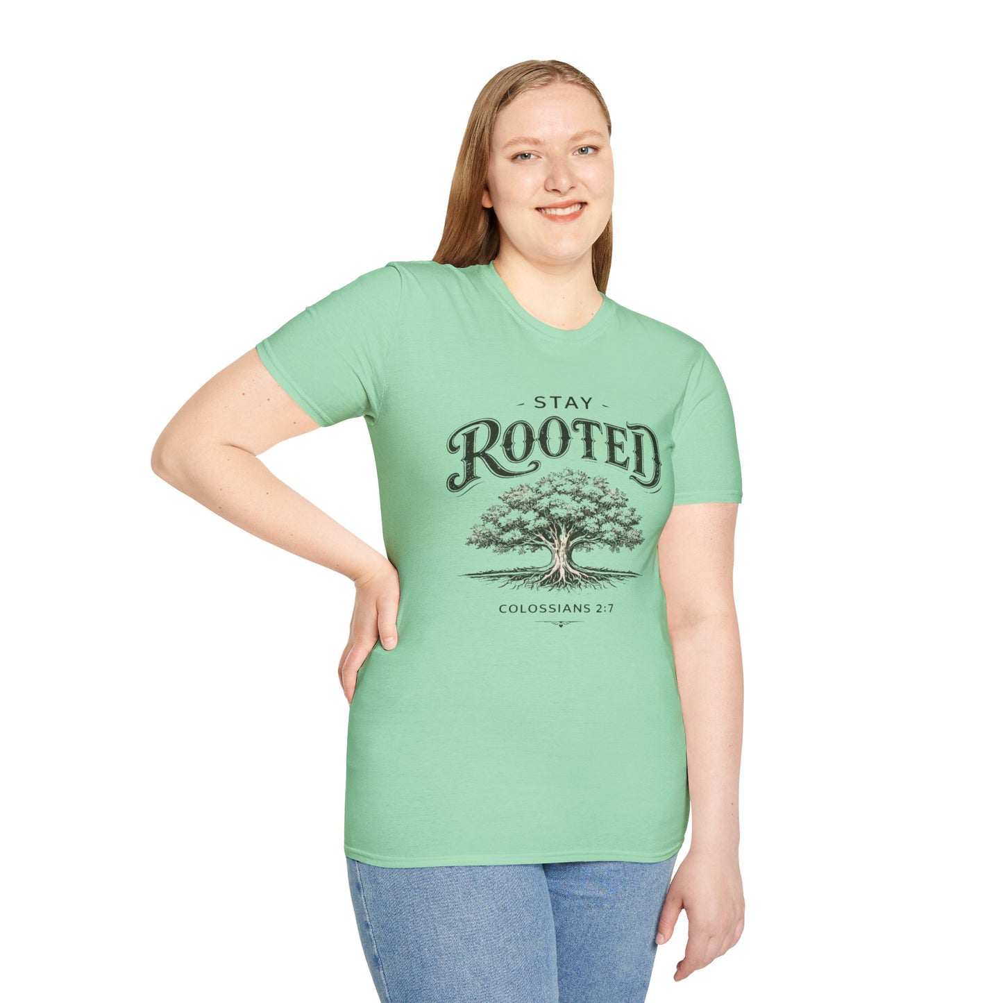 Stay Rooted Tree T-Shirt — Colossians 2:7 Scripture Tee