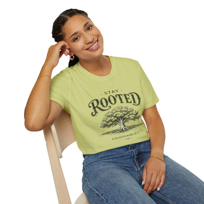 Stay Rooted Tree T-Shirt — Colossians 2:7 Scripture Tee