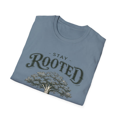 Stay Rooted Tree T-Shirt — Colossians 2:7 Scripture Tee