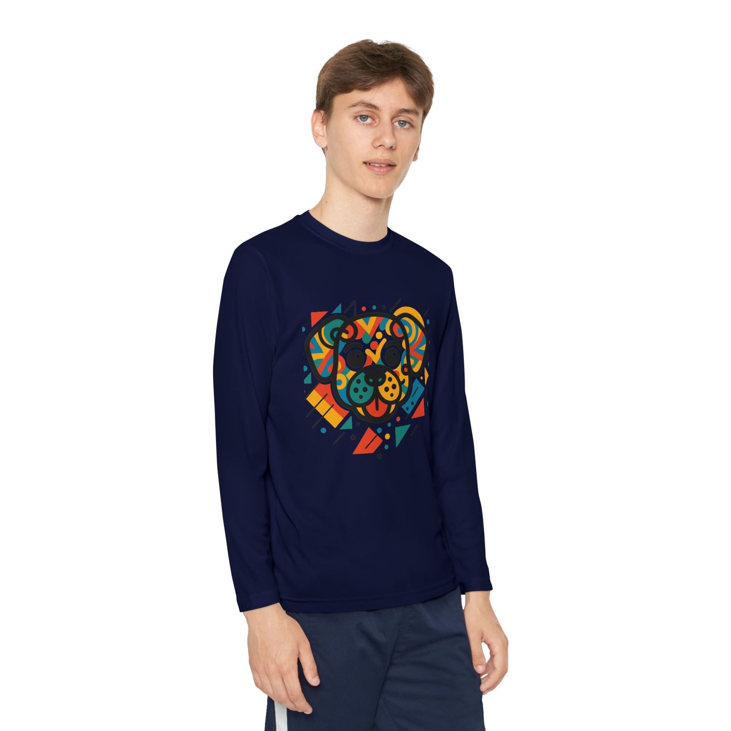 Youth Long Sleeve Tee - Colorful Geometric Dog Design