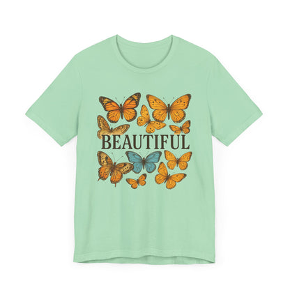 T-Shirt - 'BEAUTIFUL' Yellow Butterfly Design Short Sleeve Tee