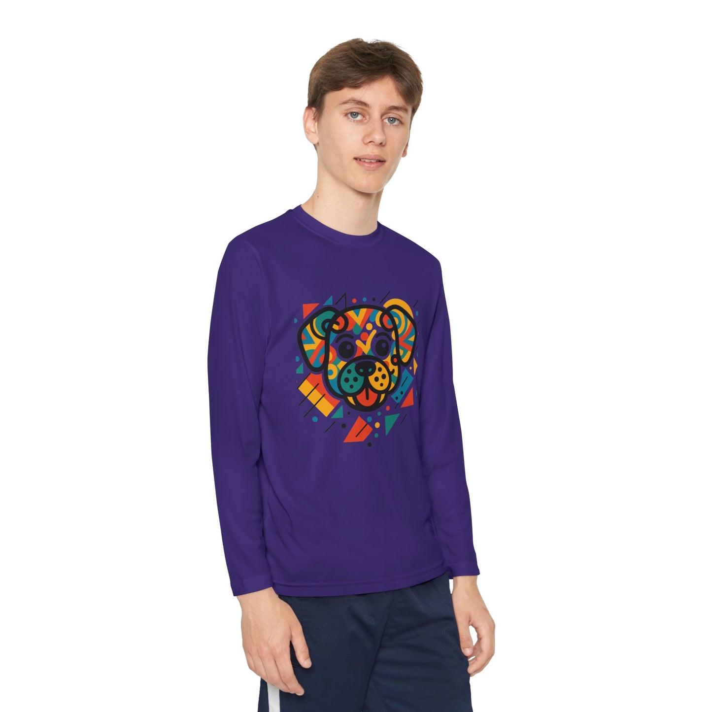 Youth Long Sleeve Tee - Colorful Geometric Dog Design