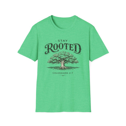 Stay Rooted Tree T-Shirt — Colossians 2:7 Scripture Tee
