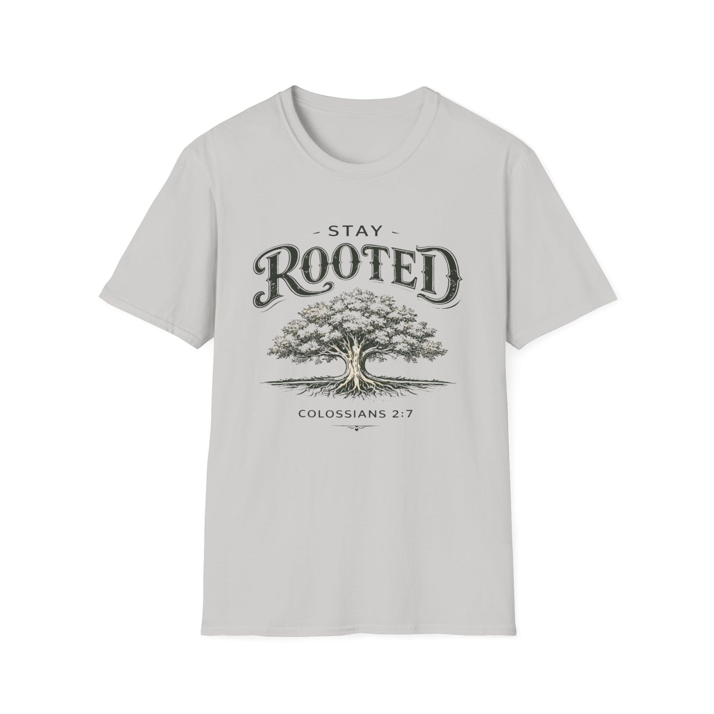 Stay Rooted Tree T-Shirt — Colossians 2:7 Scripture Tee