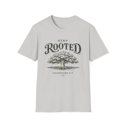 Stay Rooted Tree T-Shirt — Colossians 2:7 Scripture Tee