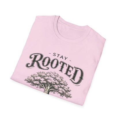 Stay Rooted Tree T-Shirt — Colossians 2:7 Scripture Tee