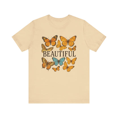 T-Shirt - 'BEAUTIFUL' Yellow Butterfly Design Short Sleeve Tee
