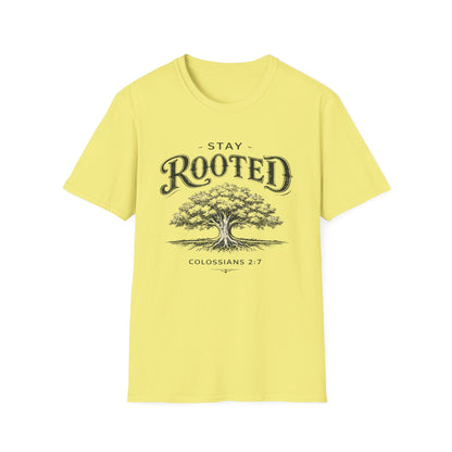 Stay Rooted Tree T-Shirt — Colossians 2:7 Scripture Tee