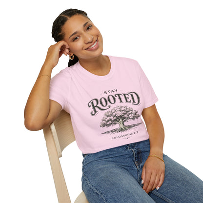 Stay Rooted Tree T-Shirt — Colossians 2:7 Scripture Tee
