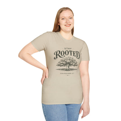 Stay Rooted Tree T-Shirt — Colossians 2:7 Scripture Tee