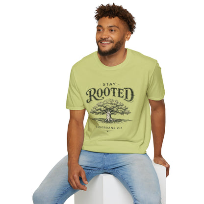 Stay Rooted Tree T-Shirt — Colossians 2:7 Scripture Tee