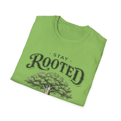Stay Rooted Tree T-Shirt — Colossians 2:7 Scripture Tee