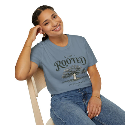 Stay Rooted Tree T-Shirt — Colossians 2:7 Scripture Tee