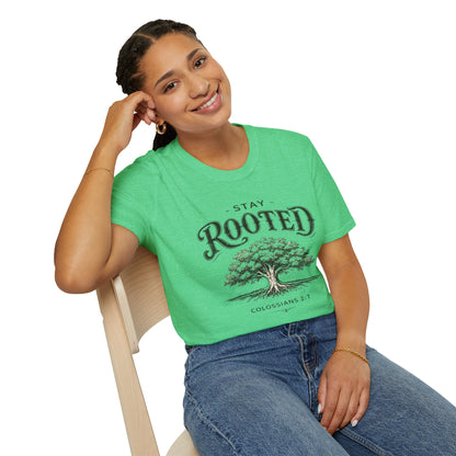 Stay Rooted Tree T-Shirt — Colossians 2:7 Scripture Tee