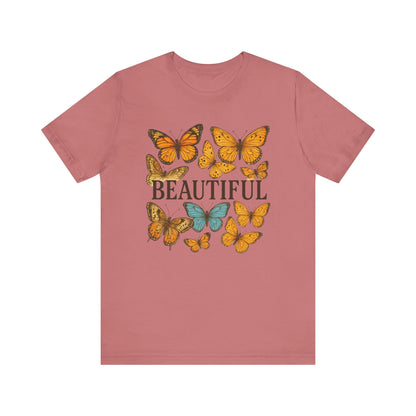 T-Shirt - 'BEAUTIFUL' Yellow Butterfly Design Short Sleeve Tee