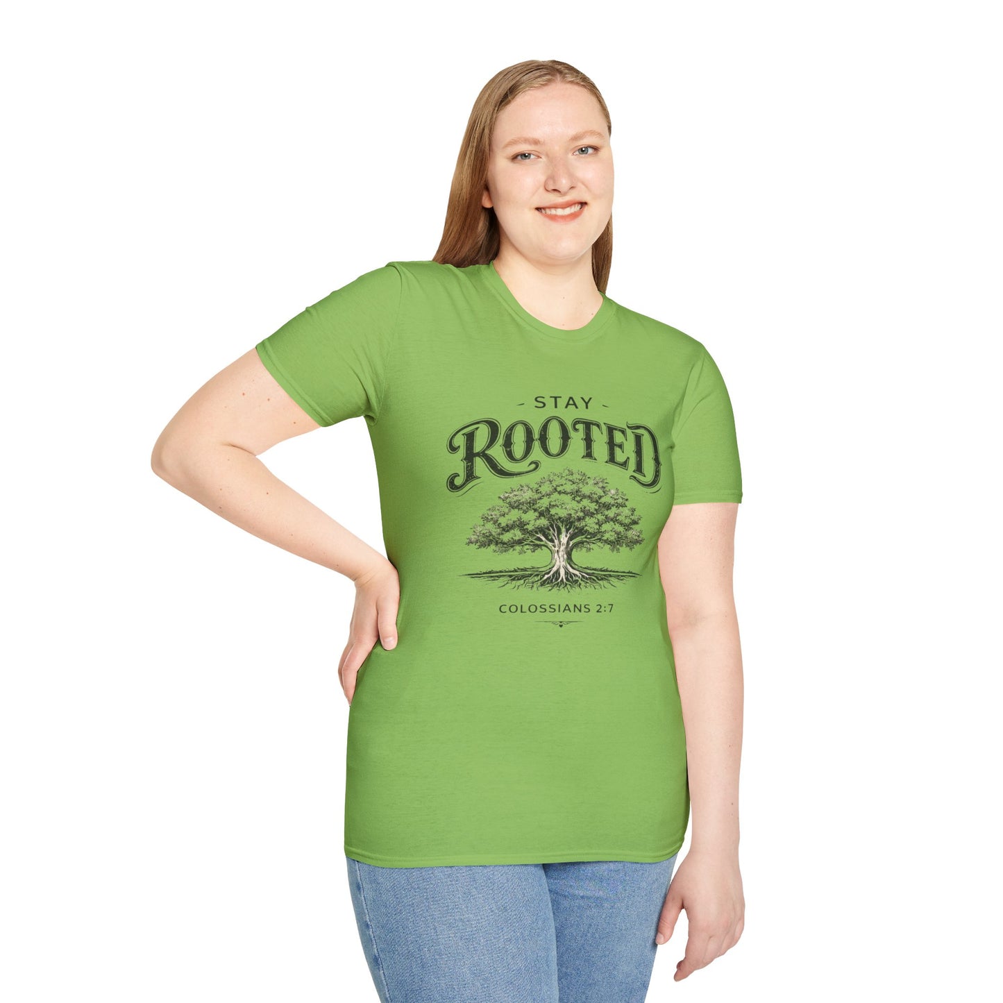 Stay Rooted Tree T-Shirt — Colossians 2:7 Scripture Tee