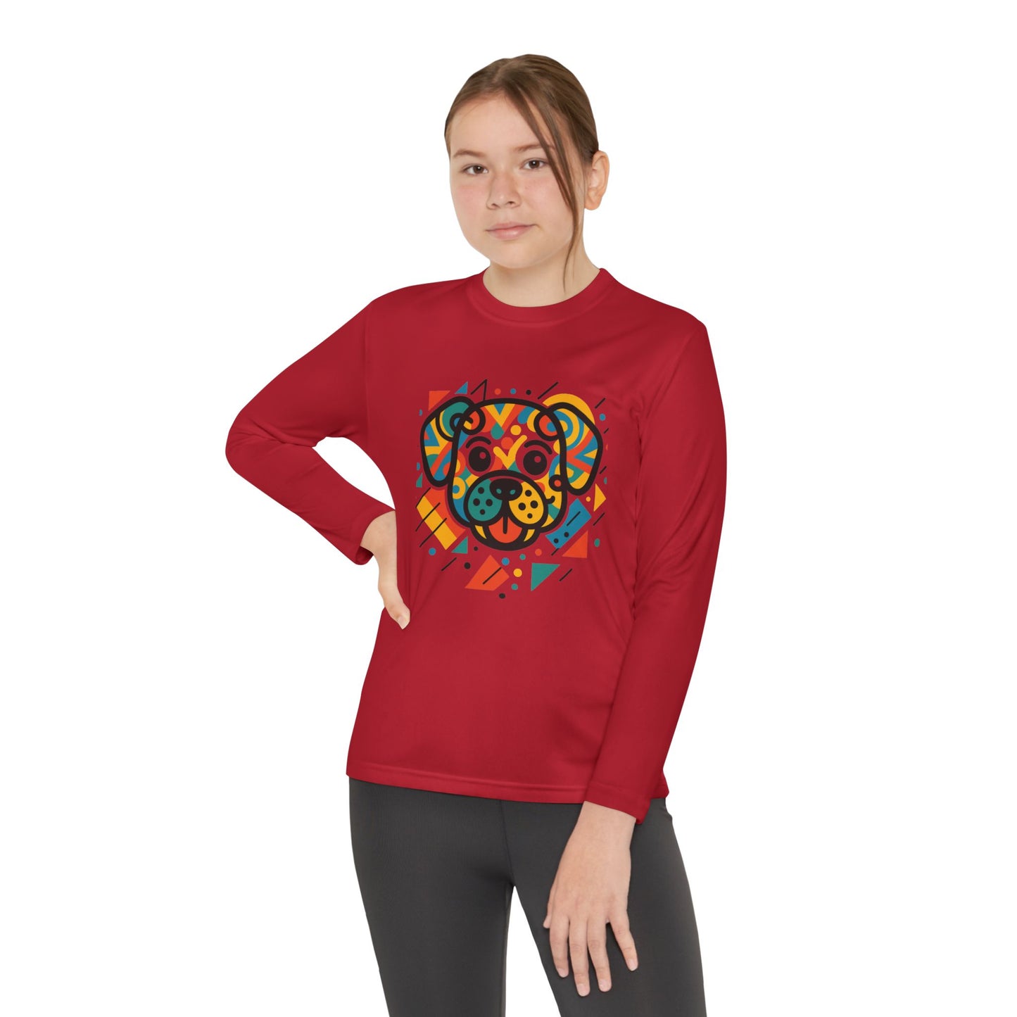 Youth Long Sleeve Tee - Colorful Geometric Dog Design