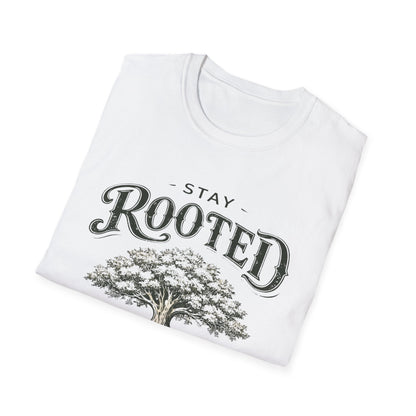 Stay Rooted Tree T-Shirt — Colossians 2:7 Scripture Tee