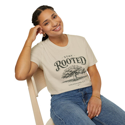Stay Rooted Tree T-Shirt — Colossians 2:7 Scripture Tee