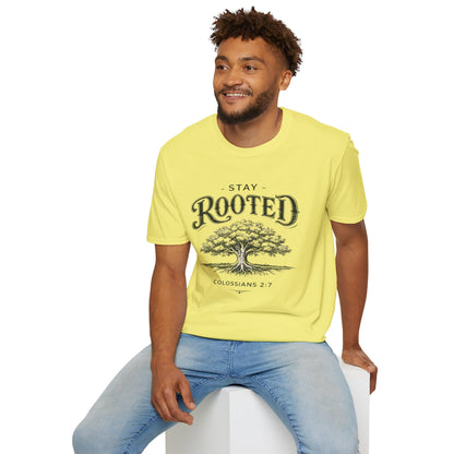 Stay Rooted Tree T-Shirt — Colossians 2:7 Scripture Tee