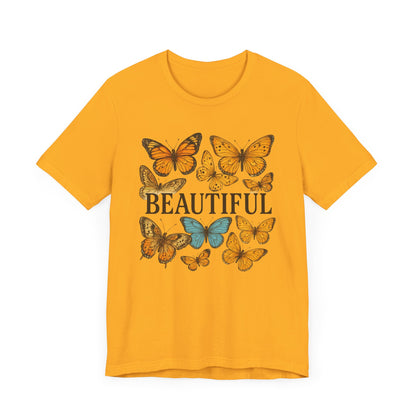T-Shirt - 'BEAUTIFUL' Yellow Butterfly Design Short Sleeve Tee