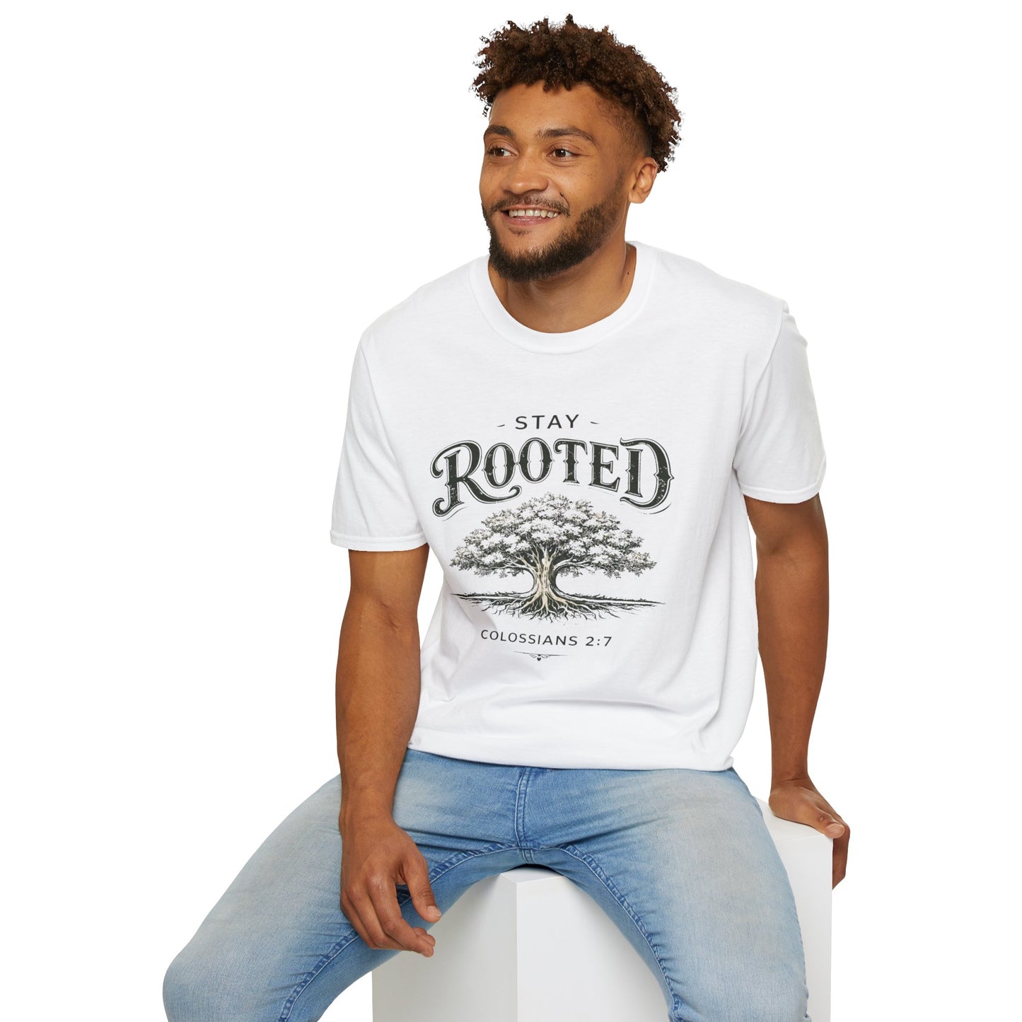 Stay Rooted Tree T-Shirt — Colossians 2:7 Scripture Tee